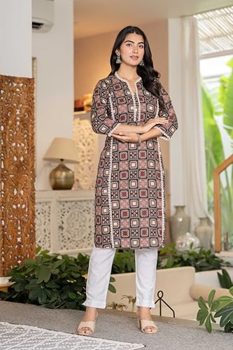Image of Women's Cotton Straight Kurti with Geometric Print, 3 /4 Sleeves, Lace Trim Detail, Regular Fit, Casual Wear