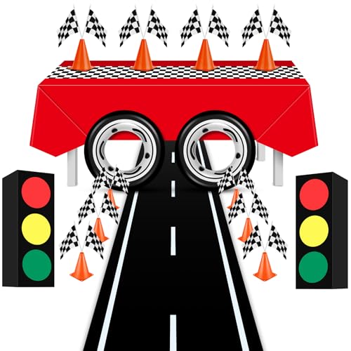 Remagr 31 Pcs Race Car Party Decoration Supplies - Racing Flag Checkered Tablecloth Track Running Mat Traffic Cones Traffic Light Gift Boxes Tire Tube Swimming Ring for Racing Car Birthday Decorations