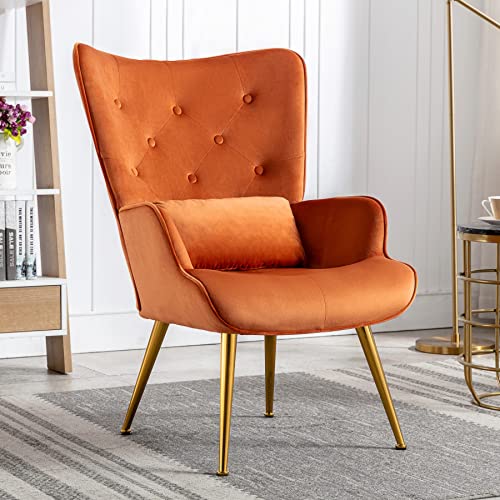 YOUTHUP Velvet Accent Chair Tufted Buttoned Wingback Living Room Chair Modern Comfy Upholstered Armchair High Back Vanity Chair, Golden Metal Legs, Pillow, Orange/Caramel YOUTHUP Velvet Accent Chair Tufted Buttoned Wingback Living Room Chair Modern Comfy Upholstered Armchair High Back Vanity Chair, Golden Metal Legs, Pillow, Orange/Caramel