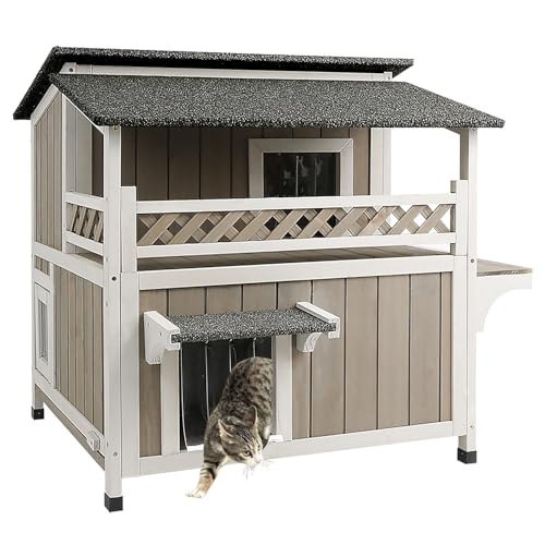 Outdoor Cat House Outside Weatherproof Feral Cat Shelter Two Story Wooden Cat Houses for 1-2 Cats with Balcony Pull Out Floor 3 Escape Doors Waterproof Roof