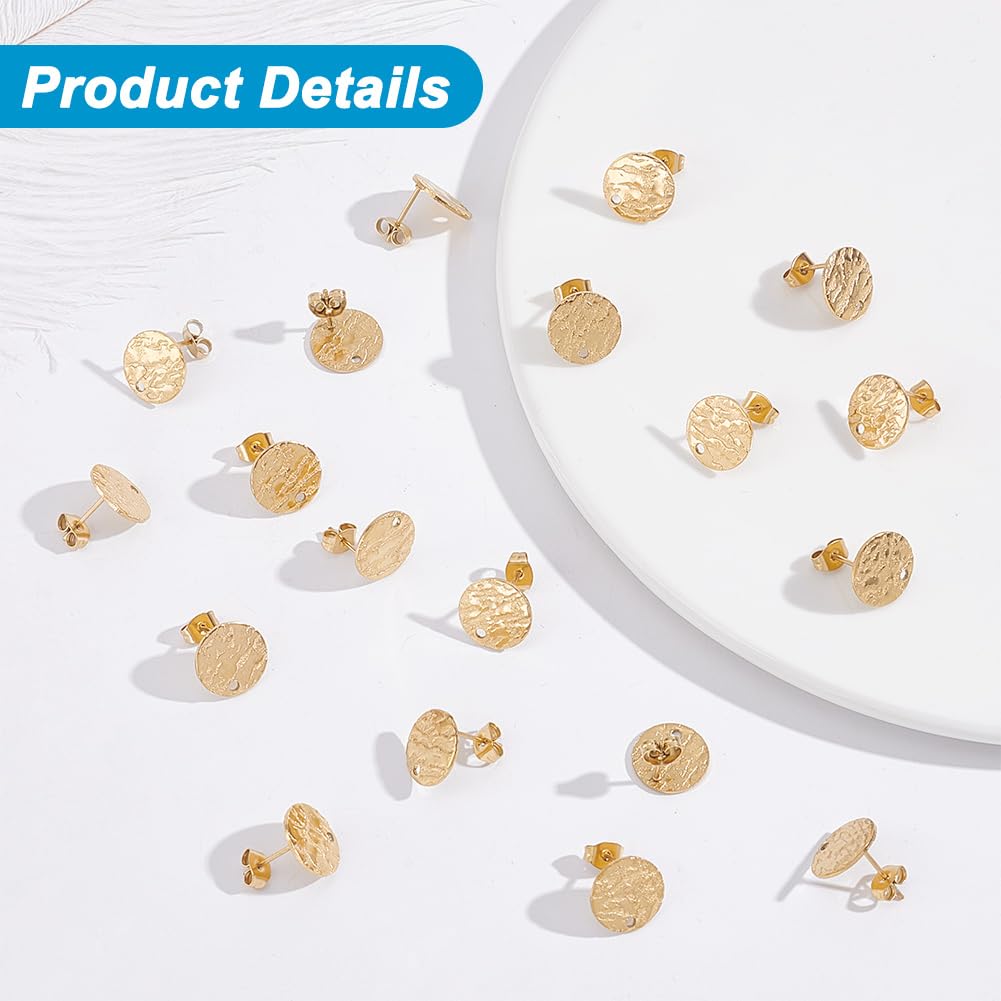 UNICRAFTALE 40 Piezas De Pendientes Con Poste De Acero Inoxidable Y Tachuelas Planas Redondas Texturizadas Doradas Con Argolla Y Agujero De 1.4mm