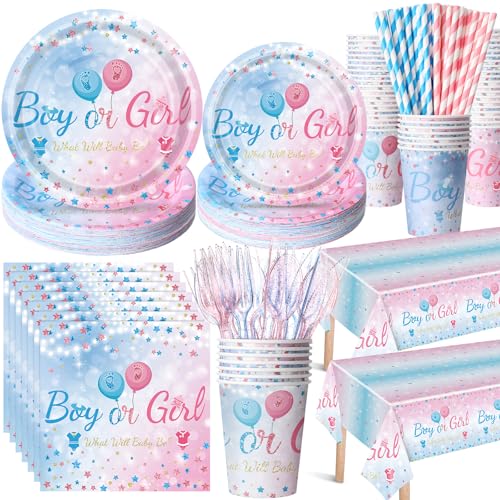 Image of Funnymoom 452 Pcs Gender Reveal Party Supplies for 50 Guests, Pink and Blue Gender Reveal Paper Plates Napkins Cups Tablecloth Cutlery Straws Disposable Tableware for Baby Shower Party Decoration