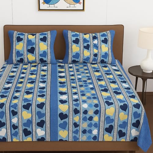 Image of BSB HOME 100% Cotton Feel Double Bed Bedsheet Set | 144 TC Soft & Breathable | Blue White Leaf Print with 2 Pillow Covers | Wrinkle Free | for Bedroom & Gifting (90 x 90 Inches)