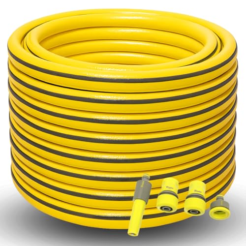 Gartenschlauch 3/4 Zoll 20m 30m 50m grün oder gelb optional mit Adapter Set flexibel UV-beständig knickfest für Garten Bewässerung Auto Haushalt (Gelb 50m mit Adapter)