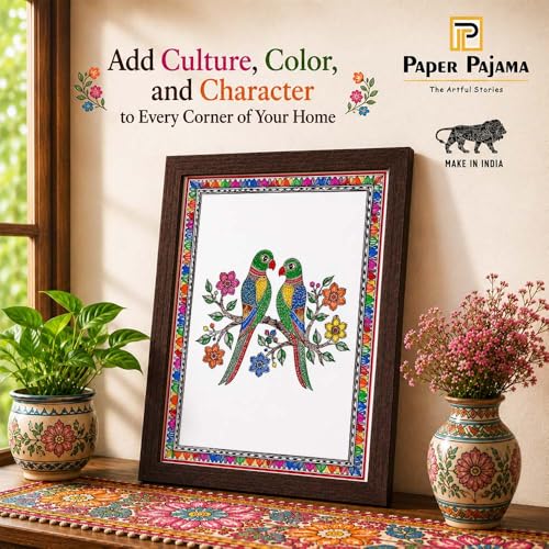 Image of PAPER PAJAMA Madhubani Love Birds Wall Art for Living Room | Parrot Couple Folk Art Painting | Traditional Mithila Framed Decor for Home, Bedroom & Office (10x13 Inches)