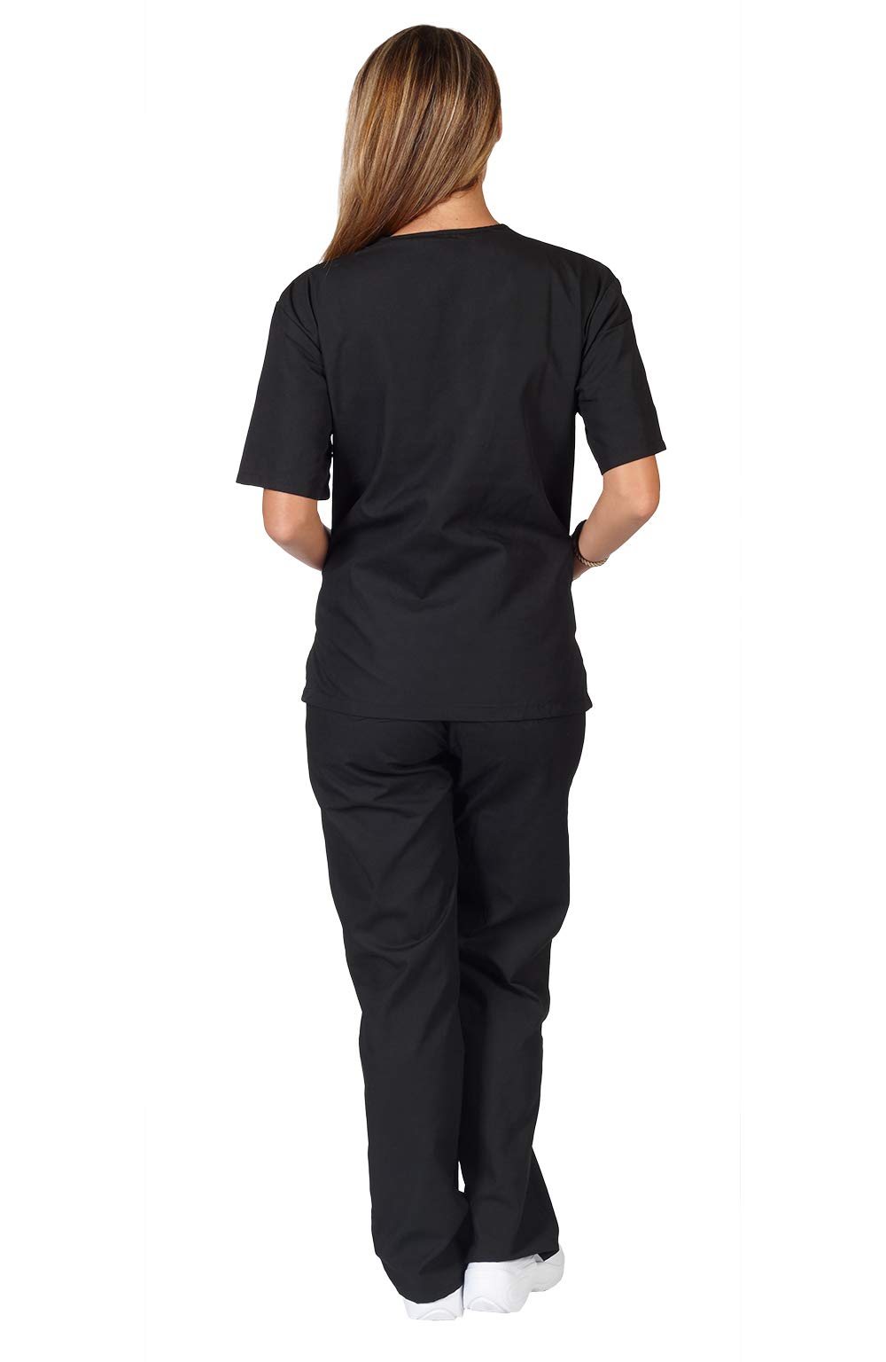 M&M Scrubs Women's Solid V-Neck Scrub Set Medical Scrub Tops and Pants (X-Large, Black)