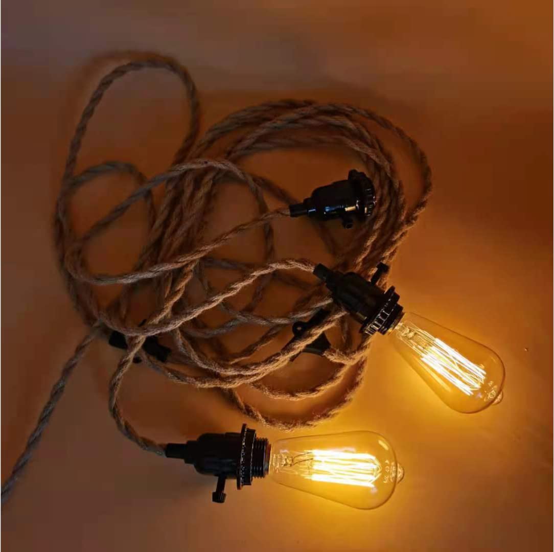 Kit de Luz Colgante Vintage Con Cable de Cáñamo Trenzado - 3 Enchufes, Enchufable, Interruptor de Encendido/Apagado, 15 Pies/4,5 m