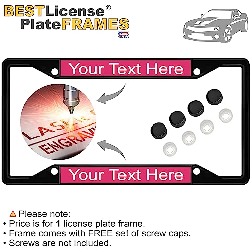 Image of Personalized with Custom Text Design - 4 Hole Black Metal Laser Engraved US Standard Size - Car License Plate Frame with Free caps - Pink /White Text (Qty: 1 Frame)