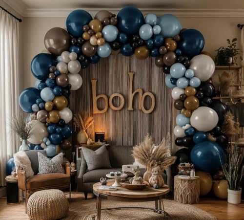 Image of Blue Brown Sand White Balloon Arch Double Stuffed Blue Black Brown Balloons | brown dark blue balloon garland kit for Boho Birthday baby shower cowboy gender reveal retirement anniversary party decor