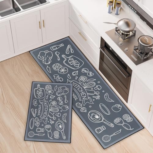 BWBIKE Juego de Alfombras de Cocina de 2 Piezas, Antideslizante Que Absorbe el Agua, Alfombra Acolchada y Alfombra, Alfombras de Piso Lavables a Máquina para Cocina Junto al Fregadero, Pasillo