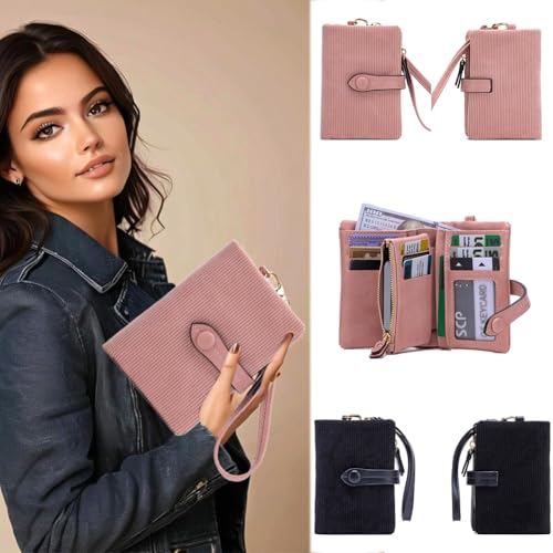 RFID Women's Wallet Corduroy Trifold Wallet Clutch with Zipper Pocket wristlet for Women Ladies Credit Card Holder (Pink)4