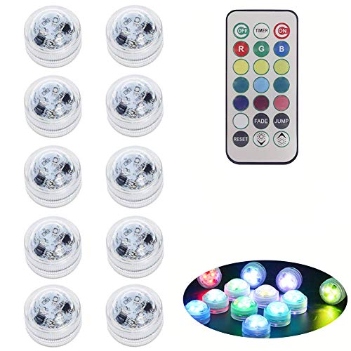 Anziner 10 Pack Submersible LED Tea Lights with Remote and Timer, Battery Operated RGB Color Changing LED Tealights Waterproof Underwater Led Pool Lights for Vase,Fishtank,Wedding,Party
