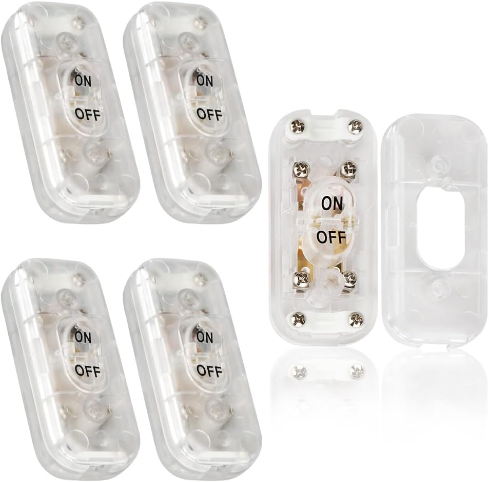 Helunsi Inline Switch 5 Pcs, Clear Lamp Cord Button in Line Switch, Rated 6A 250V ON Off Electrical Wire Appliance Rocker Switches, Repair Replacement Control Power Cable Plug Desk Table Light Parts