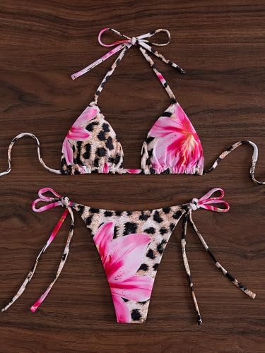 Image of Tainehs Women's Sexy Halter Thong Bikini Tie Two Sides Bottom Triangle Bikini Swimsuits
