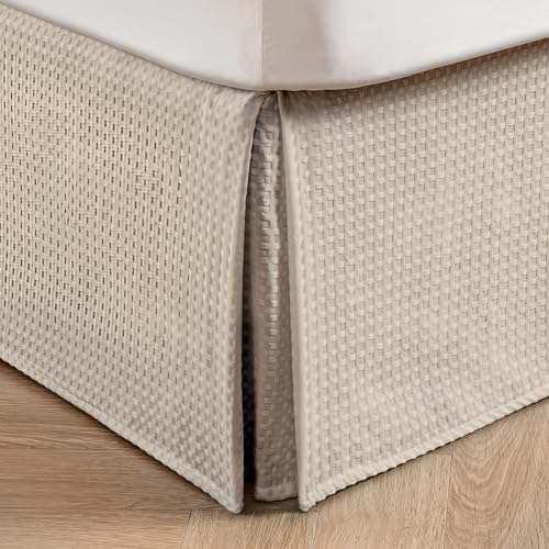 Image of MIYE Pleated Waffle Weave Bed Skirt, Tailored Dust Ruffle 12 Inch Drop Easy Fit, Machine Washable (Cream, Queen - 12 inch Drop)