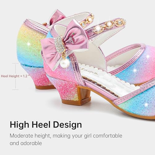 Image of Motasha Sparkly Girls Dress Shoes Kids High Heels Toddler to Big Kid | Glitter Closed Toe, Rhinestone Bow Straps, Hook-and-Loop Closure, Low Heel, Anti-Slip Outsole for Wedding Birthday Parties
