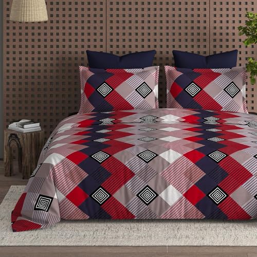 Image of DECOR2ADMIRE 300TC Premium Glace Cotton Printed Super King Size Double Bedsheet with Two Pillow Covers, 108 * 108 Inches or 9ft by 9ft or 275 cm x 275 cm (Red Multi Checkers)