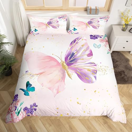 Homemissing Fille Mignon Papillon imprimé Housse de Couette 200x200cm Rose Enfants Chambre à Coucher décoration Papillons et Fleurs Parure de Lit Microfibre...