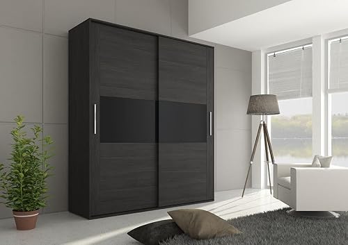 Armoire à Portes coulissantes, Comprenant 2 étagères et 2 tringles, Couleur cendré-Noir, 207,6 x 180 x 55 cm