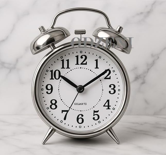 Image of Classic Twin Bell Analog Alarm Clock - Retro Metal Table Clock with Night Light & Loud Ringer - Ideal for Bedroom, Office, or Study (Silver)