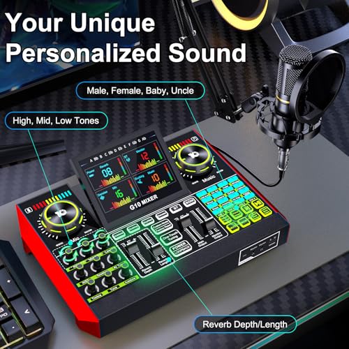 Image of tenlamp Podcast Microphone Bundle with Live Sound Card Audio Mixer, Podcast Equipment Bundle with 3.5mm Boom Mic for Pc /Phone Live Streaming Singing Gaming, Sound Board with Voice Changer, Denoise