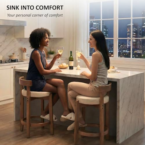 Image of CIMOTA 26.5 inch Counter Height Bar Stools Set of 2 | Mid Century Modern Low Back Bar Chairs with Solid Wood Legs & Linen Upholstered Seat, Kitchen Island Stools, Beige
