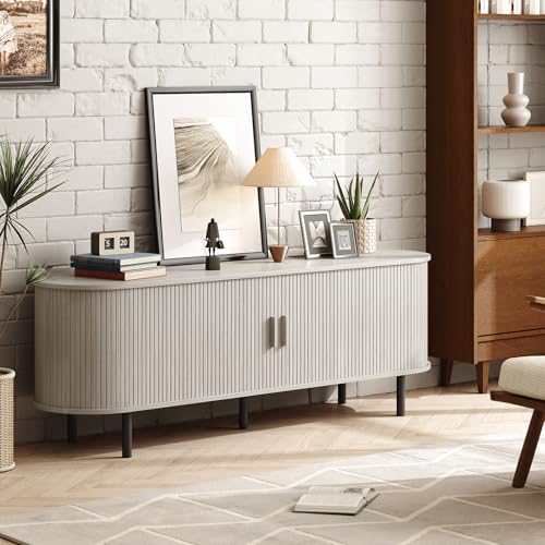 Image of ONBRILL 63 inch TV Stand with Power Outlet for TVs up to 70 Inch, Entertainment Center with Storage and Adjustable Shelves, Modern Media Console with Sliding Doors for Living Room, Natural White
