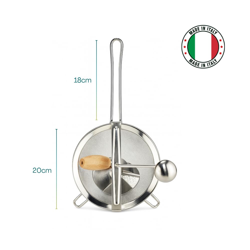 Paluplus Passaverdure Manuale in Acciaio Inox, Diametro 20 Cm, Passacolino con Pestello in Legno, per marmellate, salse, frutta, verdura, legumi e per setacciare farine, Made in Italy -400C-0,75