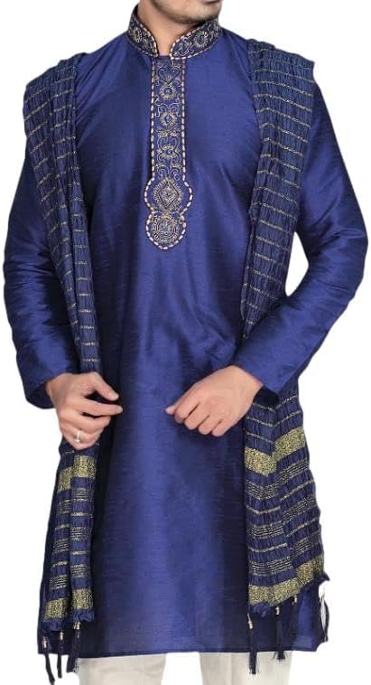 MKP9007 Blue and Ivory Men's Kurta Pyjama Indian Suit Bollywood Sherwani - Image 3