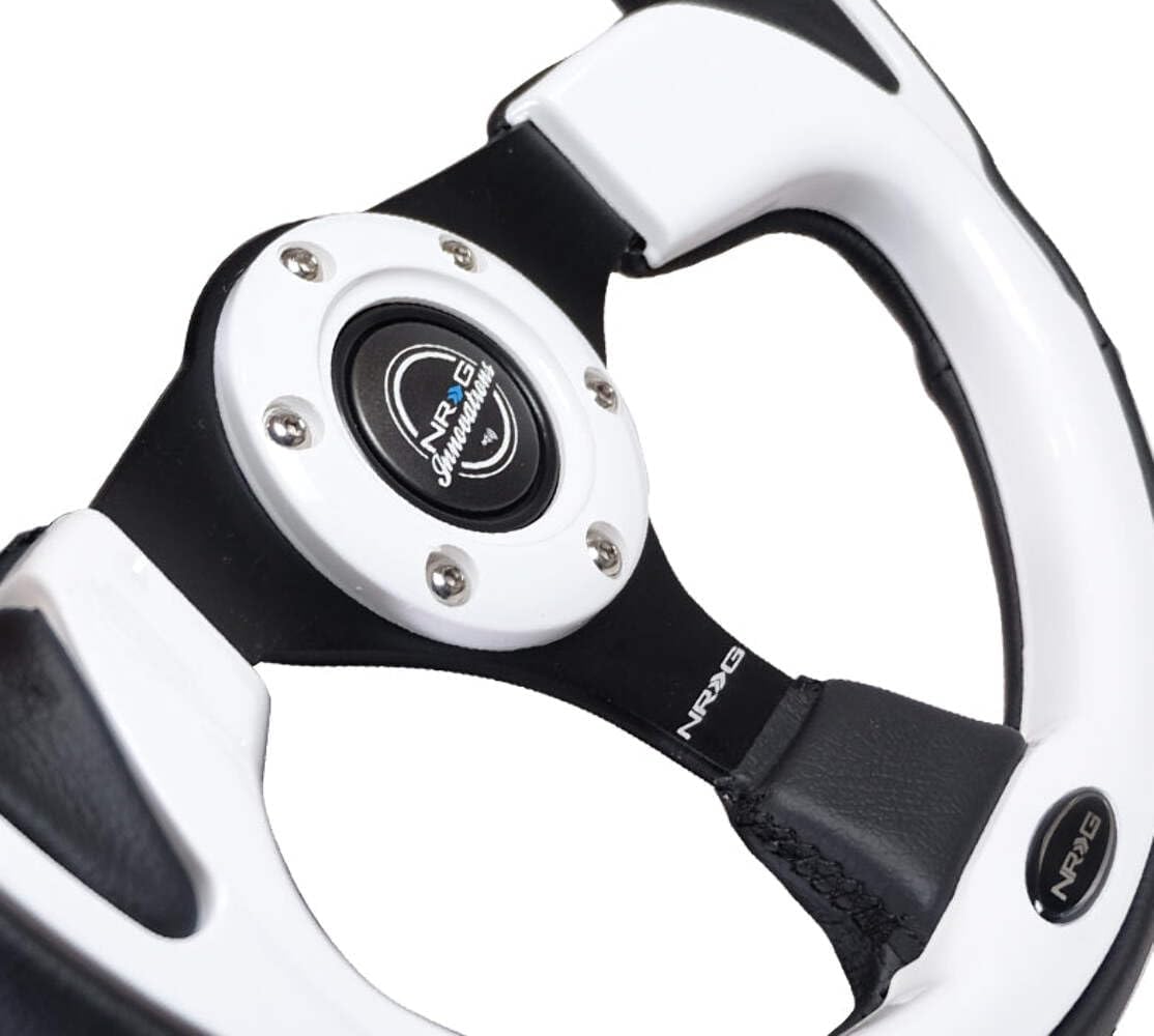 NRG Innovations NRG-RST-001WT Reinforced Steering Wheel 350mm Sport Leather Racing (2.5" Deep) Comfort Grip, 4mm Metal Neochrome Spoke, Black Leather/White + Horn Button