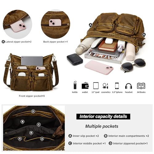 Image of Worldlyda Crossbody Bags for Women Large Tote Soft Leather Purses Washed Y2K Hobo Vintage Handbag Shoulder City Bag