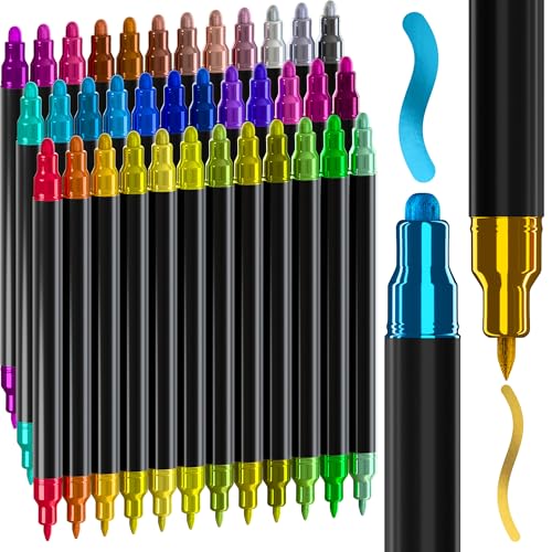 Image of ARTISTRO 36 Metallic Acrylic Paint Markers for Rock, Fabric, Wood, Glass, Eggs - Dual-Tip Paint Pens for Coloring Books for Adults, Teens - Art & Craft Supplies - Gift Idea - Easter Basket Stuffers