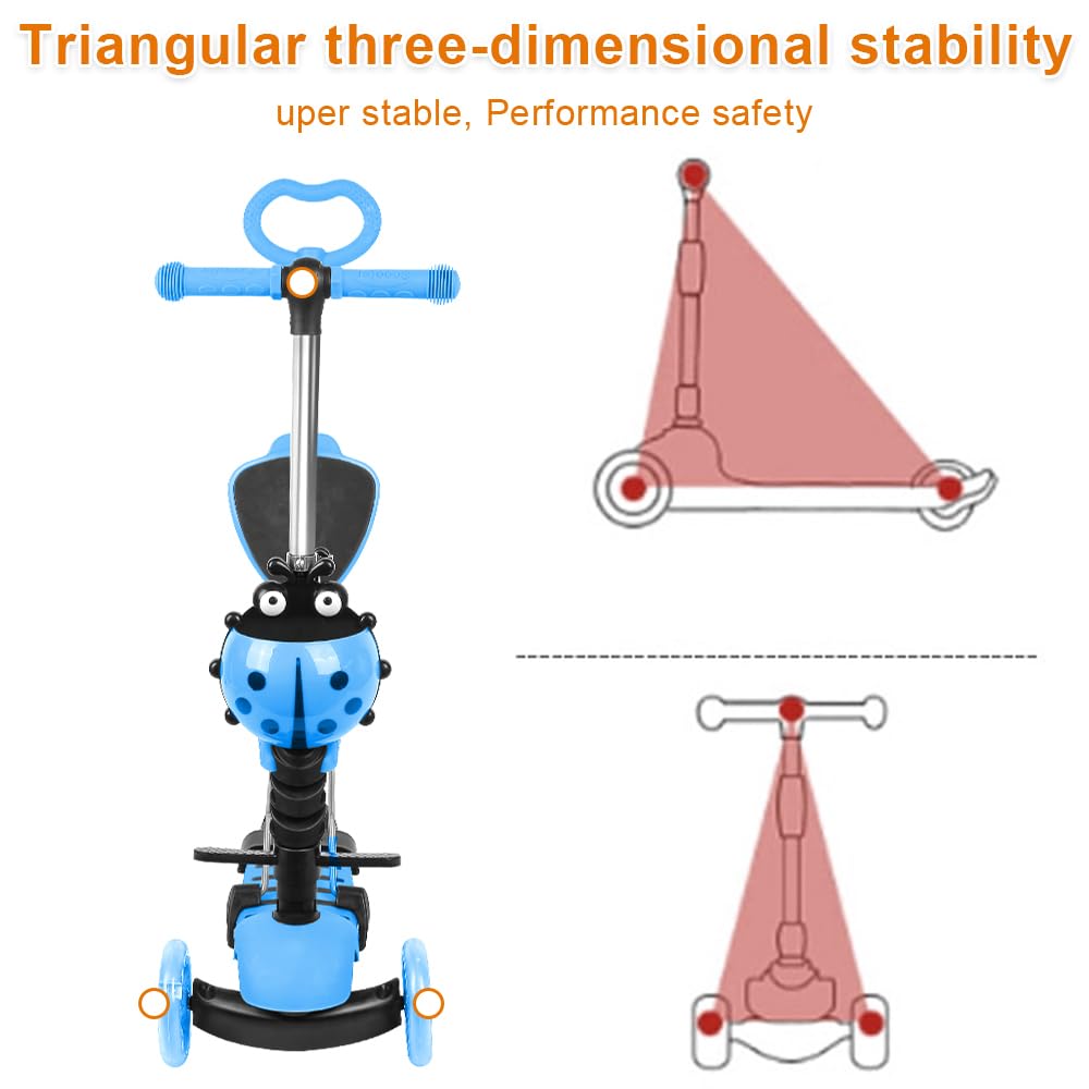 Patinete 3 en 1 para niños de 2 a 8 años, patinete de 3 ruedas LED con mango de empuje patineta infantil plegable con altura ajustable, carga máxima 50 kg