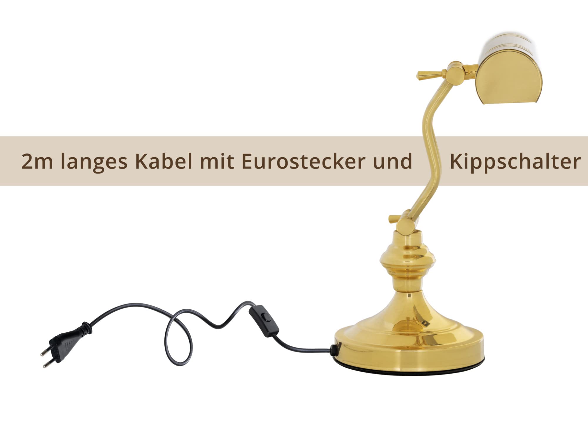 Classic Cantabile L3-A Messing Klavierleuchte - Retro Pianoleuchte für Klaviernoten - Vintage Schreibtischlampe mit 180 cm Kabel - Leselampe für Klavier und Piano - Messing
