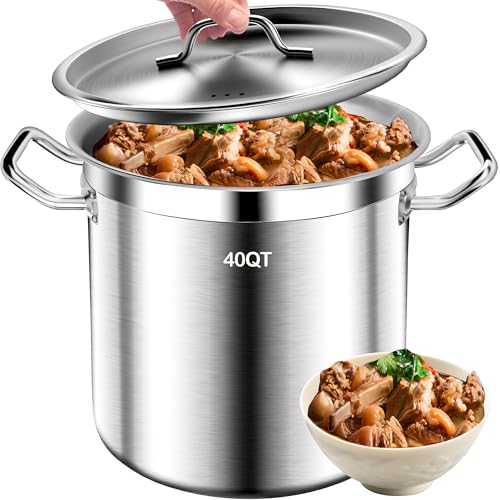Comparison: Best 40 Quart Stock Pot 4 Large Stock Pot - 40QT Stainless Steel Stockpot with Lid, Heavy Duty Tri-Ply Bottom Commercial Grade Soup Pot for Cooking Soup, Stew, Canning, Oven, Gas, Ceramic, Dishwasher Safe
