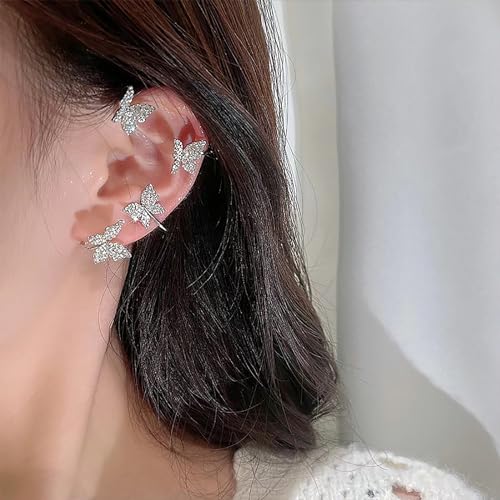 2Pcs Butterfly Earrings For Women No Piercing Butterfly Flower Climber Wrap Earrings Fairy Tassel Zircon Butterfly Ear Clip Cuffs2