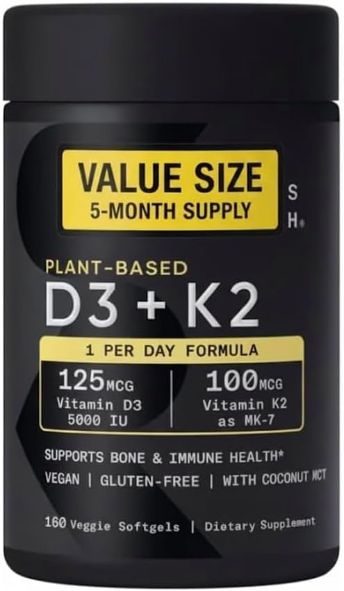 Sports Vitamin D3 K2 with 5000iu of Plant-Based D3 & 100mcg of Vitamin K2 as MK-7, Non-GMO Verified & Vegan Certified - 160 Liquid Softgels - Pack1
