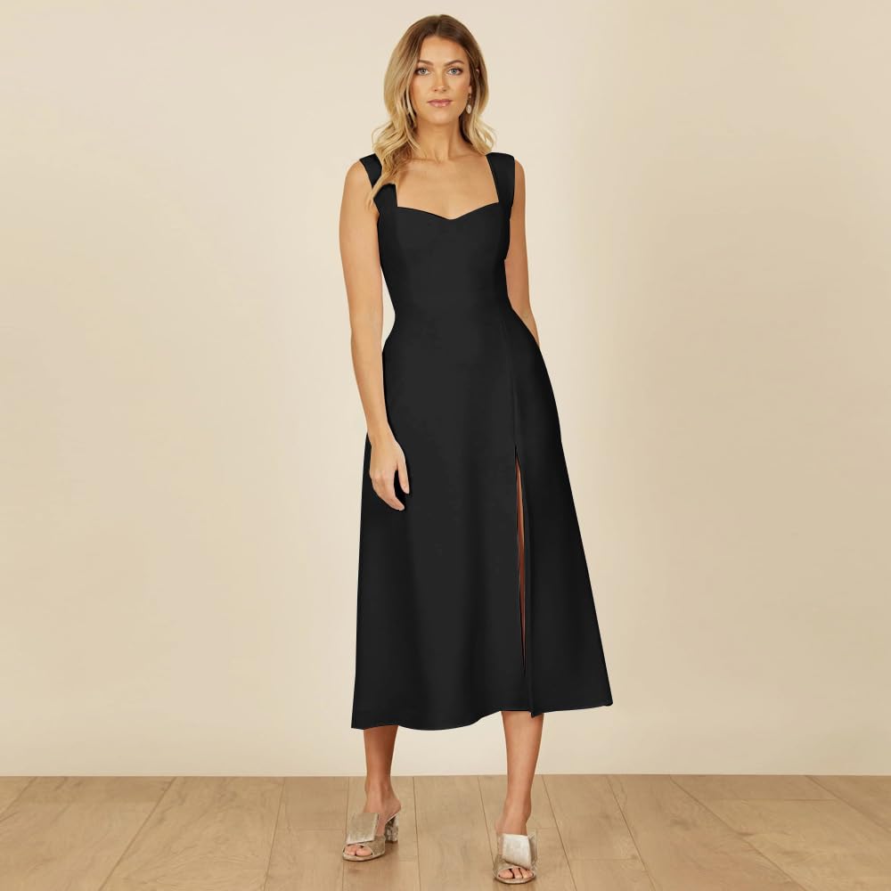 Vestito Senza Maniche Donna Elegante Abito Cerimonia con Spacco Laterale Vestiti Eleganti da Cocktail Abito Midi Formale Vestito da Sera Scollo Cuore Abiti da Festa