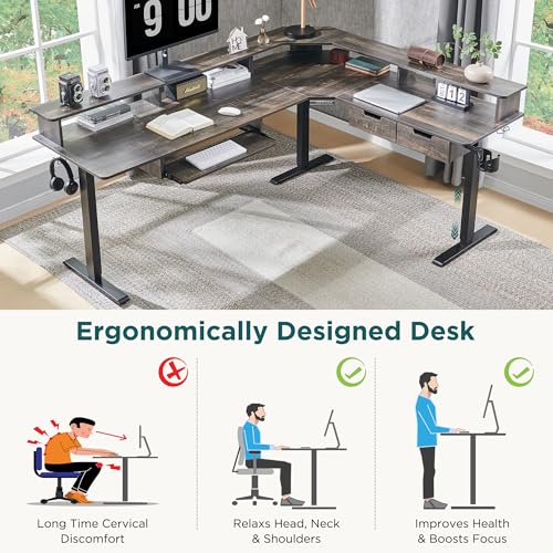 Image of RedLemon 75X60 Inches L Shaped Electric Standing Desk,Height Adjustable Corner Gaming Desk with Drawers, Keyboard Tray, Power Outlets & LED Lights, Computer Desk with Monitor Shelf, Dark Rustic Oak
