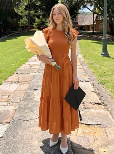 Image of ZESICA Women's 2026 Summer Casual Flutter Short Sleeve Smocked Midi Dress