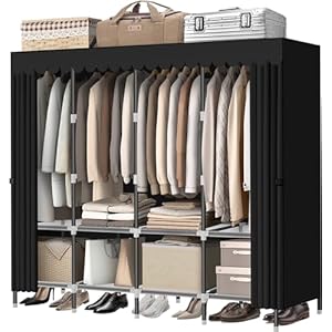 LOKEME Wardrobe Closet，Black Portable Closet with Zippers，65.4Inches 19mm Diameter，Portable Closets for Hanging Clothes，with 4 booms and Storage cabinets，Spacious Large -Capacity Storage Space
