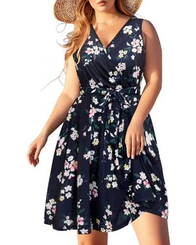 Image of Holipick Women's Plus Size Sleeveless V Neck Wrap Sundress Summer Casual Dress with Pockets