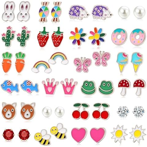 24 Pairs Hypoallergenic Stud Earrings for Girls Kids Cute Stainless Steel Stud Earrings Fun Mushroom Butterfly Flower Rainbow Frog Stud Earrings Set Jewelry for Little Girls Women Cover