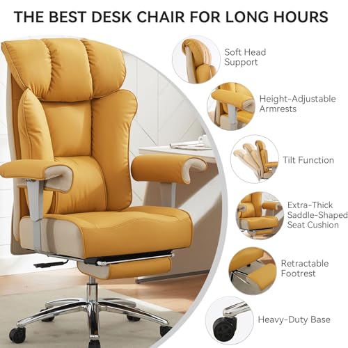 Efomao Big and Tall Green Office Chair 450LBS – Ergonomic High-Back Executive Chair with Footrest, Adjustable Padded Armrests, PU Leather Computer Chair with Lumbar Support for Home or Office, Yellow