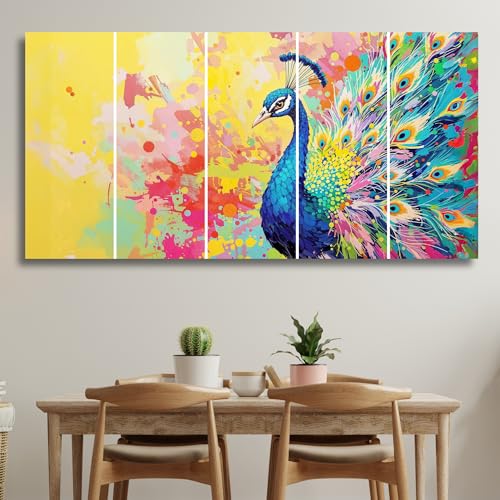 Image of Peacock Painting Set of 5 Sparkle Laminated MDF Big Size Wall Art | Peacock Wall Painting for Living Room, Bedroom, Home and Office