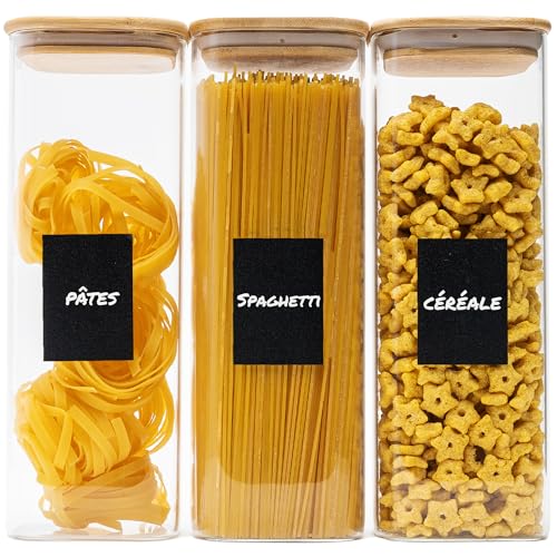 Déco haus® Bocaux de Conservation pour Spaghetti 3 pcs avec Couvercles + Étiquettes [HERMÉTIQUES] - Pour Céréales, Cornflakes, Farine - Boîtes en Verre avec Couvercles - 3x2300ml