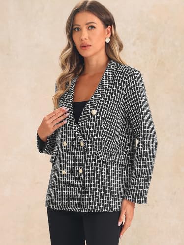 Allegra K Tweed Blazer for Women's Button Front Plaids Jacket Coat4