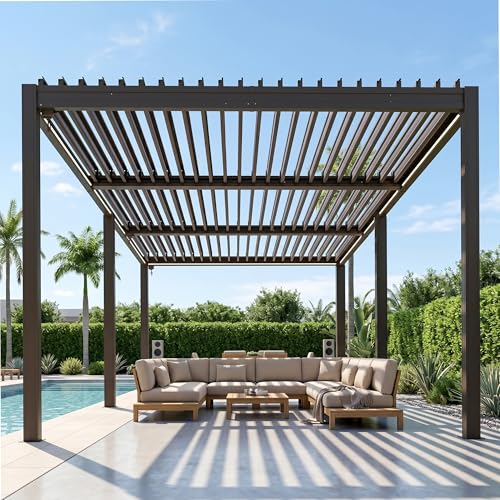 Domi Louvered Pergola 10x20, Outdoor Metal Pergola with Adjustable Roof and Drainage System, for Patio, Backyard, Deck, Espresso Brown