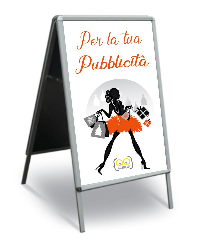 Cavalletto Pubblicitario 70X100 cm Bifacciale Cornice Espositiva, in Alluminio, per Esterno e da Interno, Pieghevole e leggero, con protezione in PVC, Doppio lato, a bacheca
