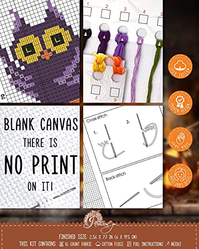 Image of Povitrulya Halloween Owl - Counted Cross Stitch Kit with Halloween Pumpkin Jack-o'-Lantern - DIY Hand Embroidery Bookmark